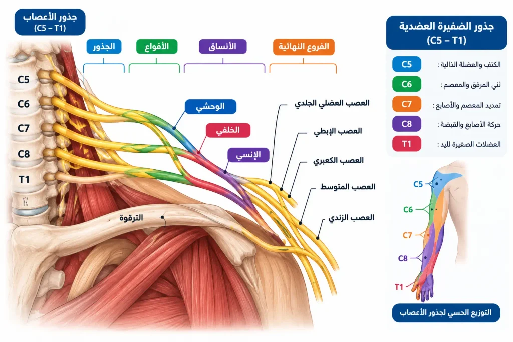 علاج إصابة الضفيرة العضدية عند الكبار | استعادة حركة الذراع والكتف بالجراحة الميكروسكوبية 1 رسم تشريحي توضيحي يوضح جذور الأعصاب C5 إلى T1